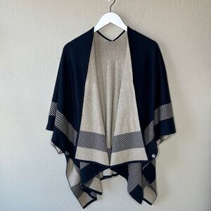 Women's Open Front Shawl Wrap One Size Warm Cape Ribbed Knit Poncho Blue Cream